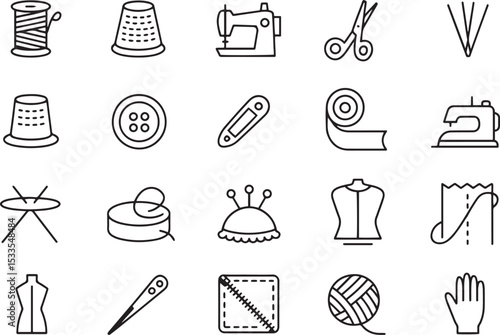 Sewing Line Icons Set. Needlework, Stitching, Fabric, Tailoring. Vector Illustration. Editable Stroke