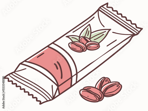 Powdered drink sachet with coffee beans illustration and copy space on white background