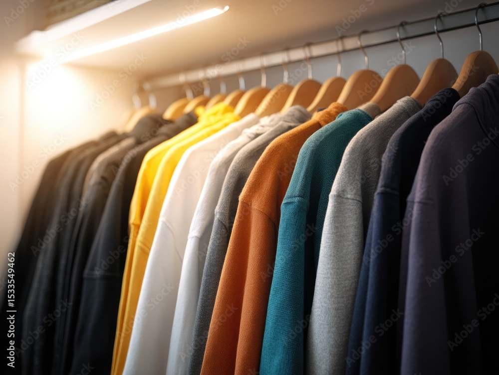 custom made wallpaper toronto digitalWell-lit closet showcasing a row of neatly hung sweatshirts in various muted colors on wooden hangers