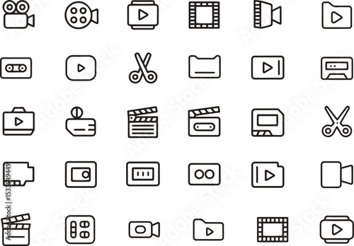 Video Editing Line Icons Set. Cutting, Effects, Timeline, Post-Production. Vector Illustration. Editable Stroke 
