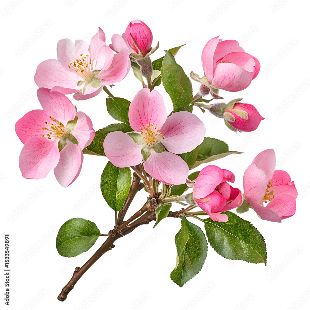 Obraz premium Delicate apple blossom sprig blooming with pink petals and fresh green leaves against black