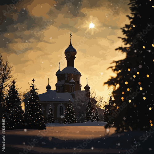 Festive Orthodox Church Winter Landscape, Orthodox Christmas, Orthodox Christmas Celebration