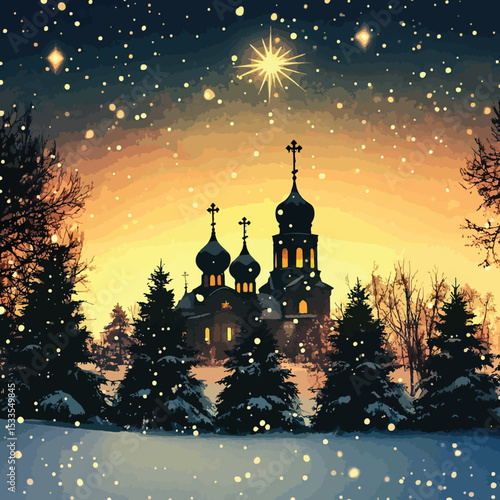 Festive Orthodox Church Winter Landscape, Orthodox Christmas, Orthodox Christmas Celebration