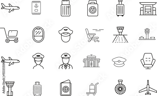 Air Travel Line Icons Set. Flights, Boarding, Airport, Luggage. Vector Illustration. Editable Stroke