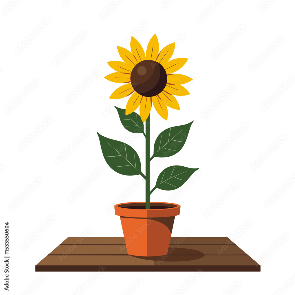 Obraz premium Vibrant Sunflower in a Pot Illustration: A Cheerful Display of Summer Bloom on a Wooden Surface