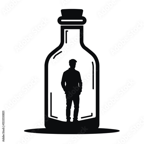 Silhouette of a Man Trapped Inside a Glass Bottle: Conceptual Illustration of Isolation and Confinement