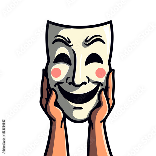 Smiling Mask Held by Hands: Illustration of Deception, Facade, and Hidden Emotions, Revealing a False Front