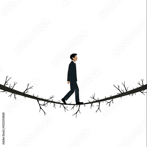 Man in Suit Walking on a Tightrope Made of Branches, Illustration of Business Risk and Challenge