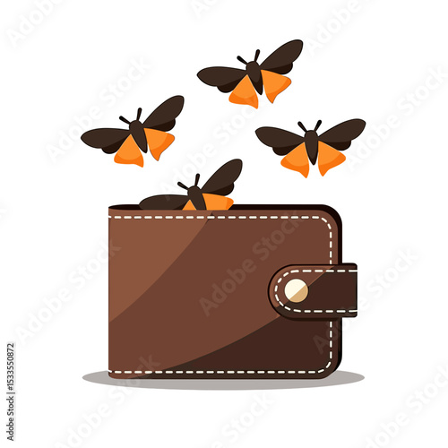 Empty Wallet with Moths Flying Out: Financial Troubles and Economic Hardship Concept Illustration