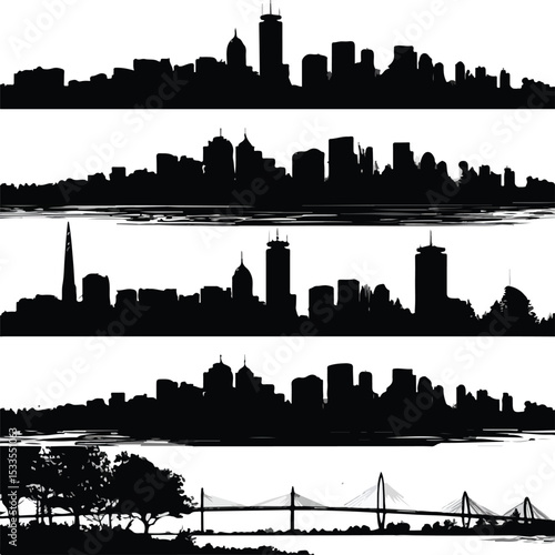 boston skyline silhouette set, Black & White silhouette set