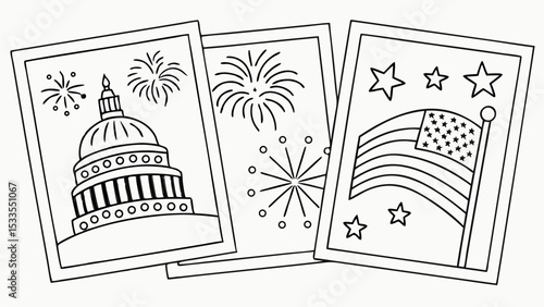 Outlined patriotic cards featuring the us capitol building fireworks and the american flag for coloring pages