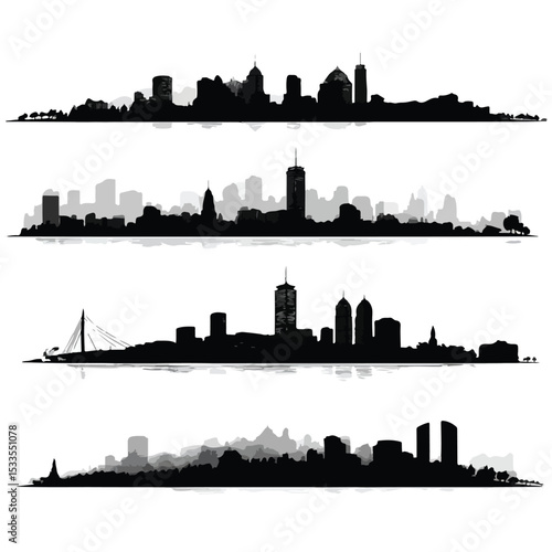 boston skyline silhouette set, Black & White silhouette set