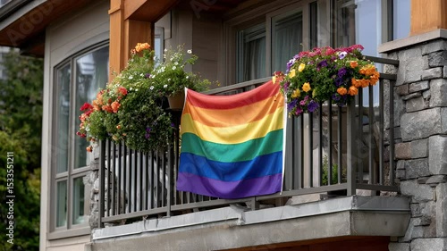 Rainbow pride flag on balcony of modern building