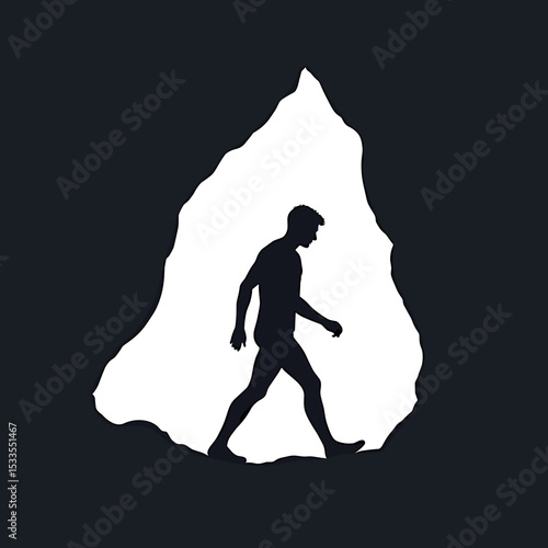 Silhouette of a Man Emerging from a Cave, Representing Discovery and New Beginnings