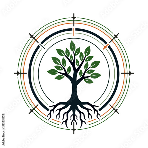 Stylized Tree of Life Logo Design with Circular Compass Elements, Symbolizing Growth and Direction