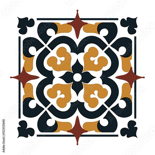 Elegant Geometric Floral Pattern with Symmetrical Design in Black, Gold, and Burgundy, Perfect for Backgrounds and Decorative Elements