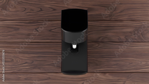 Square-top soap dispenser on rich wood texture