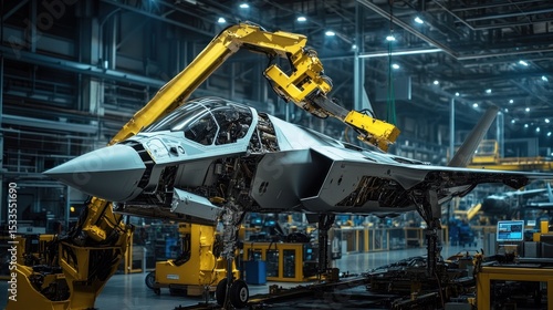Jet aircraft undergoing automated assembly in a large hangar