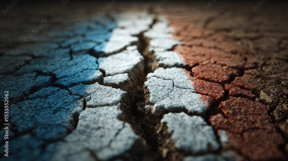 Obraz premium Cracked ground with tricolor flag on one side in symbolic concept