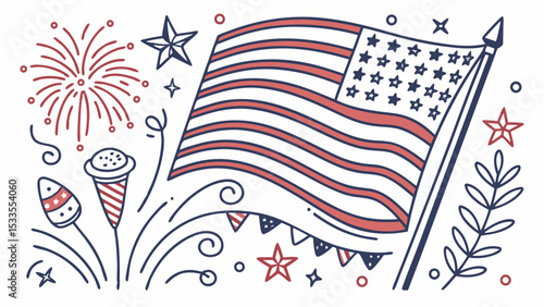 Illustration of american flag with stars and stripes surrounded by fireworks and festive decorations design