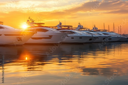 Golden Sunset Harbor Luxury Yachts Docked Row marina