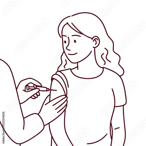 Line drawing of pregnant woman receives vaccination. Visual of medical care, protection, and immunization for expectant mothers