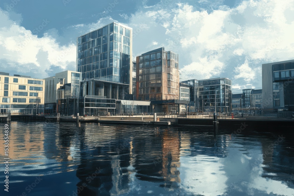 Fototapeta premium Modern Waterfront Buildings Blue Glass Reflections Calm Water