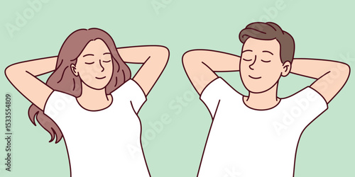 Man and woman lie next to each other with hands behind head, eyes closed. Represents peace, love, connection, and emotional balance