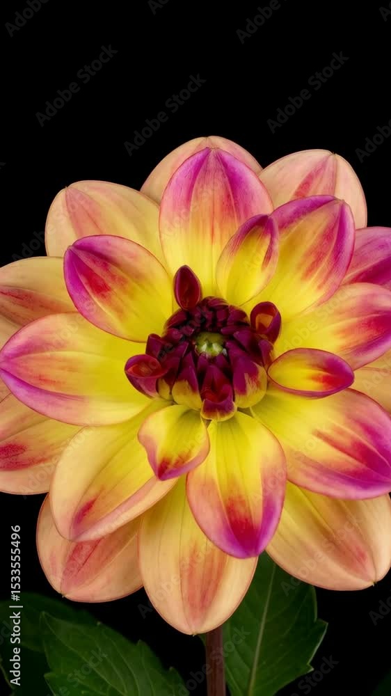 Close-up of a vibrant dahlia flower with yellow, pink, and peach petals against a stark black background, elegant studio floral composition Close-up of a vibrant dahlia flower with yellow, pink, and peach petals against a stark black background, elegant studio floral composition