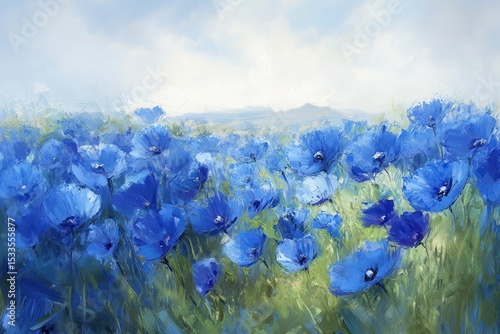 Vibrant Blue Poppy Field Impressionistic Painting blue poppies