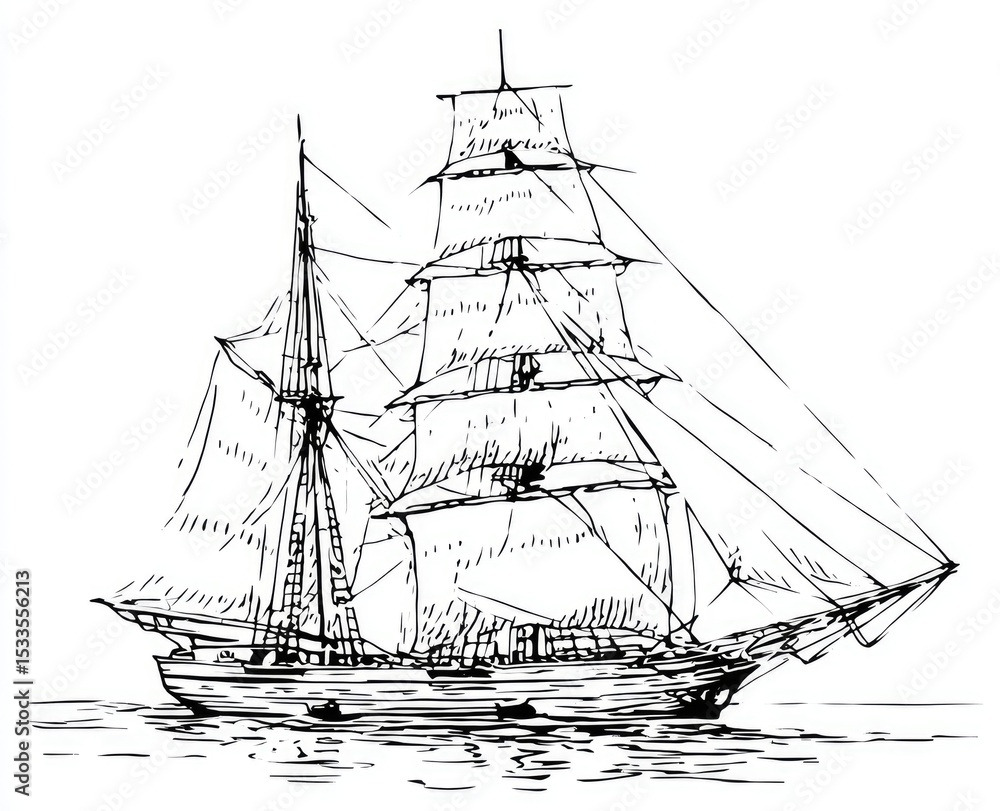 custom made wallpaper toronto digitalA detailed line drawing of a three-masted sailing ship, showing intricate rigging and billowing sails, afloat on calm waters