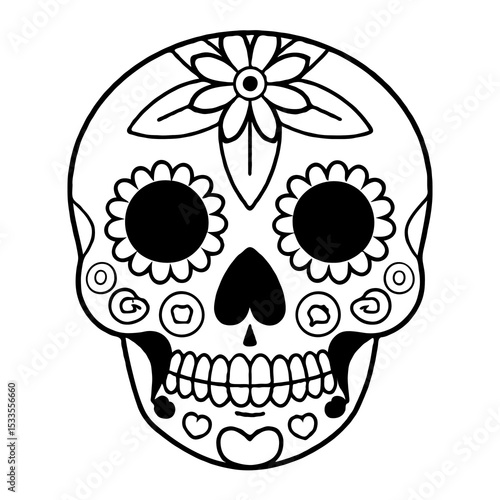 Decorated Sugar Skull with Flower for Day of the Dead Coloring Page