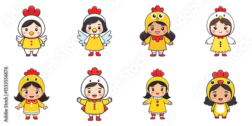 Multiple vector illustrations, girl wearing chicken costume

