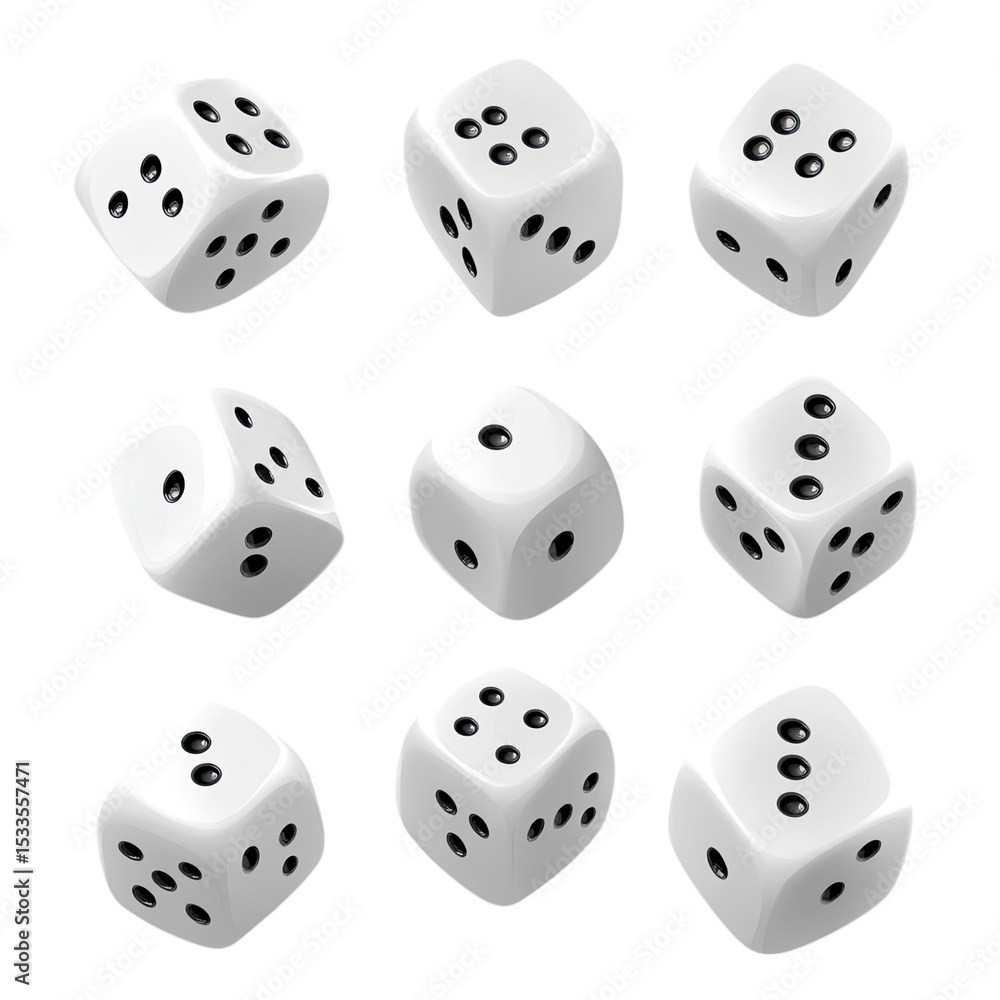 3D vector set of white dice, in different angles and positions on an isolated background. Realistic game assets collection. Isolated objects with shadows. 3D vector set of white dice, in different angles and positions on an isolated background. Realistic game assets collection. Isolated objects with shadows.