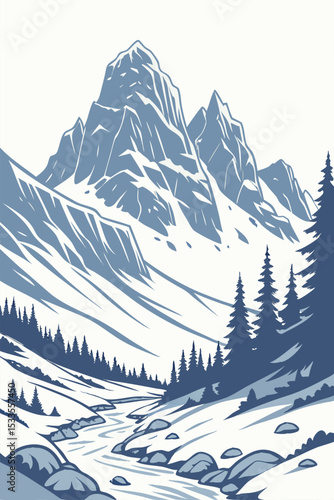 Polygonal mountain landscape in vector style, cool icy blue and white palette, sharp minimalist peaks and clean horizon lines