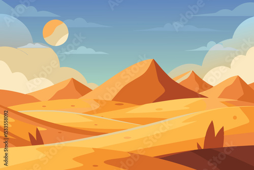 Artistic Vector Desert Illustration with Orange Sand Layers and Isolated Wild Vegetation