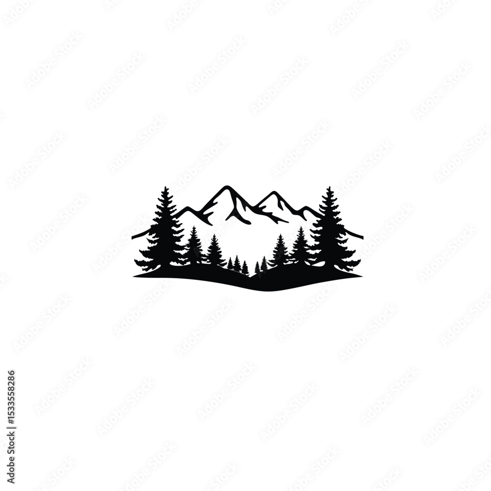 Obraz premium A silhouette of a forest edge with distant mountains on white background