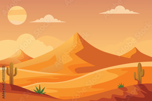 Vector Desert Illustration Featuring Warm Sunset Tones, Cactus Plants, and Smooth Sand Dunes