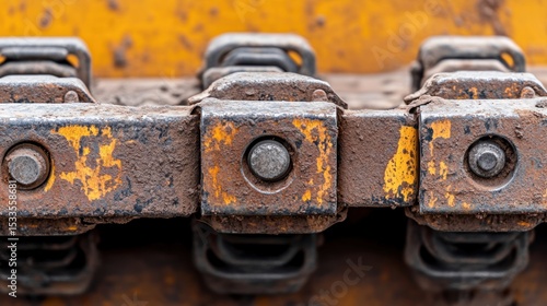Close-up of a dirty, industrial machine track