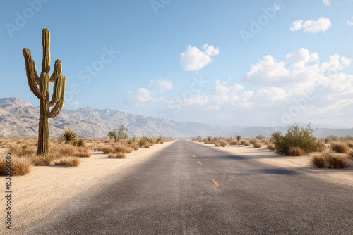 wide road stretches through vast desert dunes with solitary cactus on left side