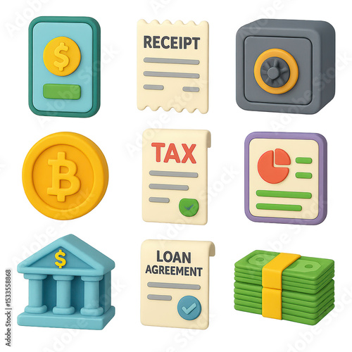 3D finance icons with nine colorful representations of diverse financial concepts, ideal for web design, presentations, and infographics.