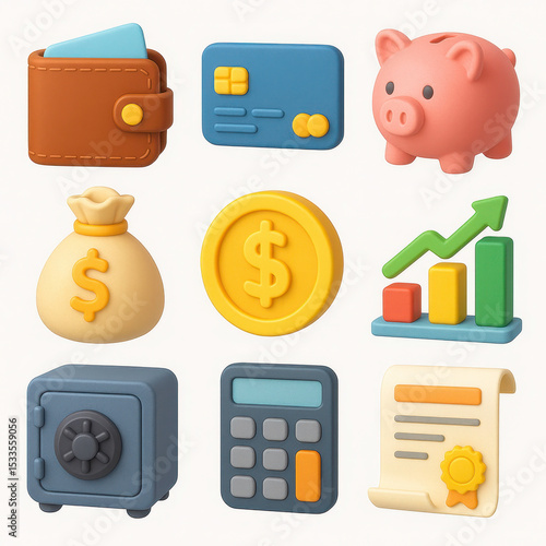 3D Finance icon set with diverse financial transactions and assets, suitable for websites, presentations, and financial related projects. Wealth, banking, and money symbols included.