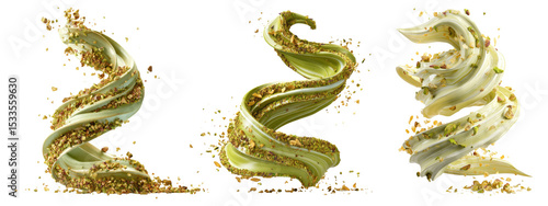 Pistachio cream swirl splash with nuts, isolated on transparent background


