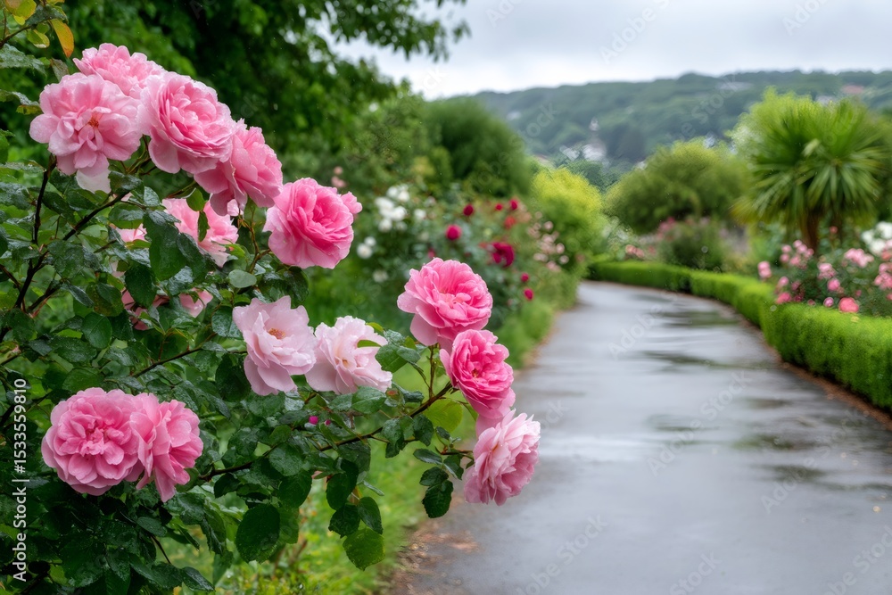 Naklejka premium Pink roses blooming near paved path in botanical garden after rain