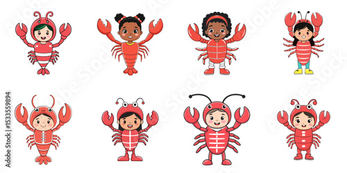 Multiple vector illustrations, girl wearing crayfish costume

