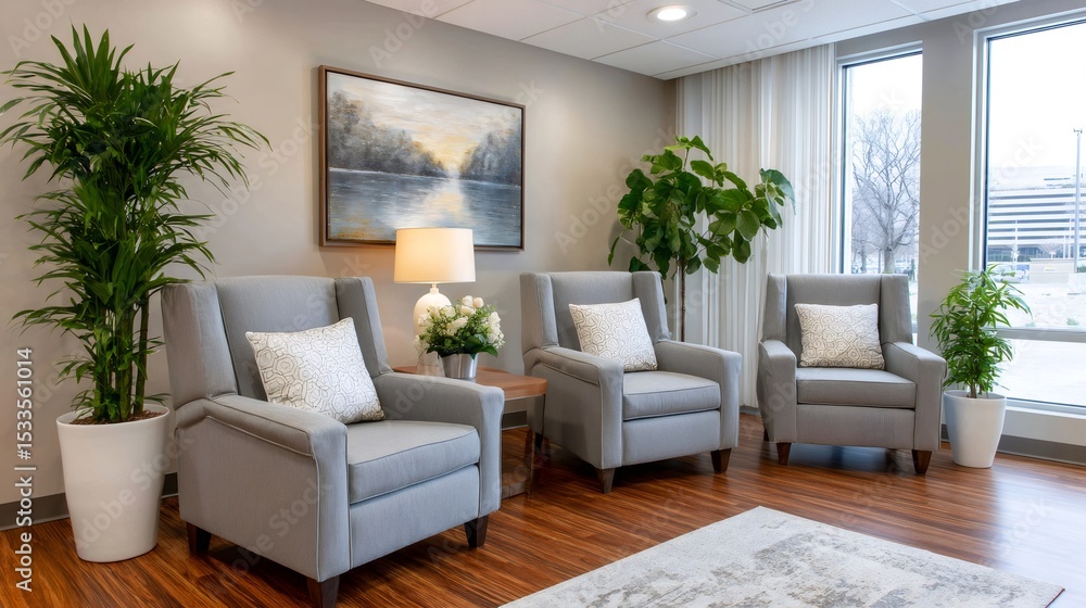 Fototapeta premium Comfortable waiting room with armchairs, plants, and painting featuring relaxing lake view