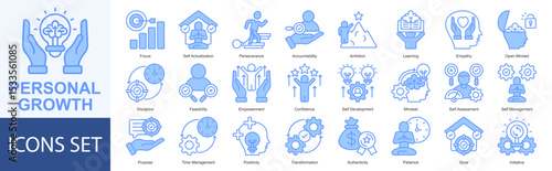 Personal Growth icon set vector Blue Style focus, self actualization, perseverance, accountability, ambition, learning, empathy, open minded, discipline, feasibility, empowerment