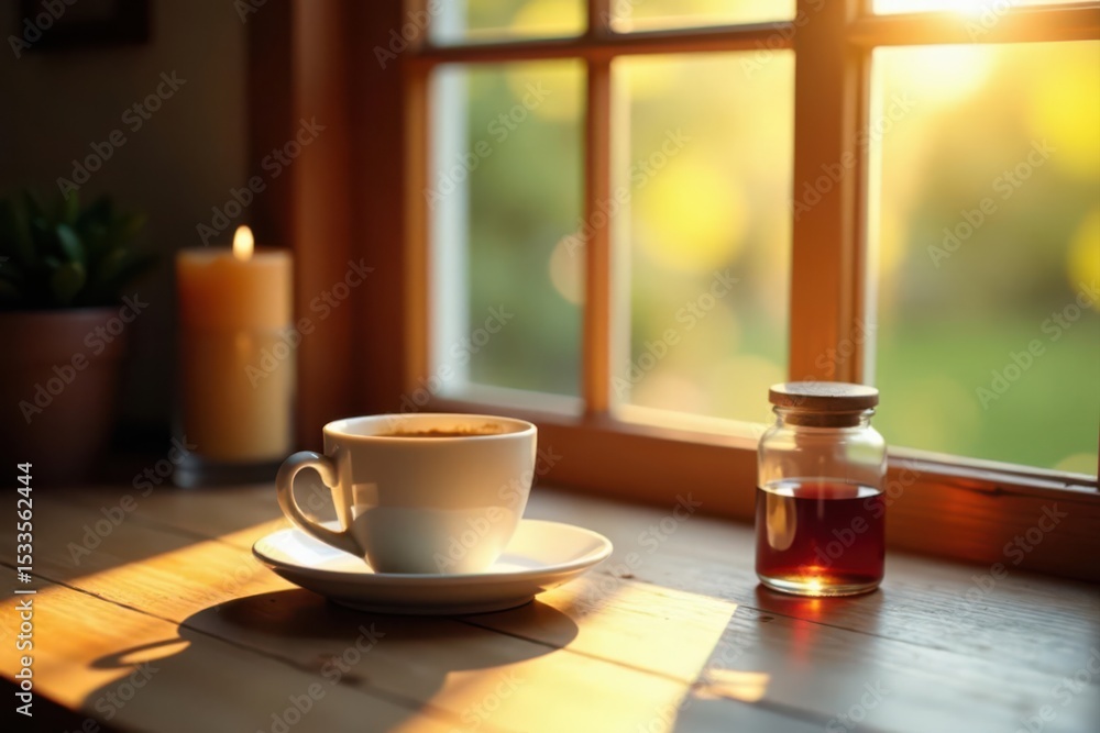 Fototapeta premium Sunlit window, coffee cup, scented candle, charming details on wooden table , still life, shadow