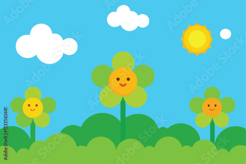 A vibrant spring landscape illustration featuring Easter eggs, flowers, birds, and butterflies under a sunny sky
