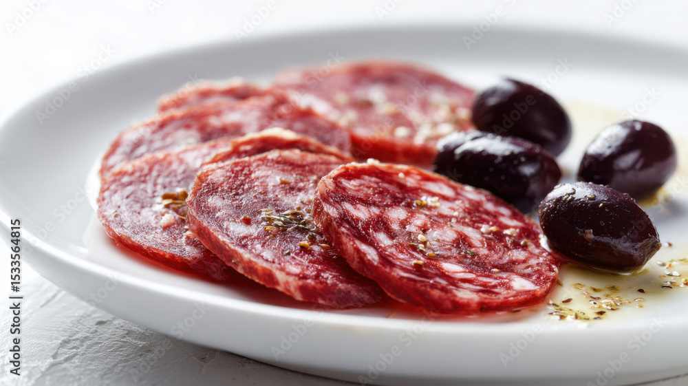 Obraz premium Sliced salami with olives on prep plate